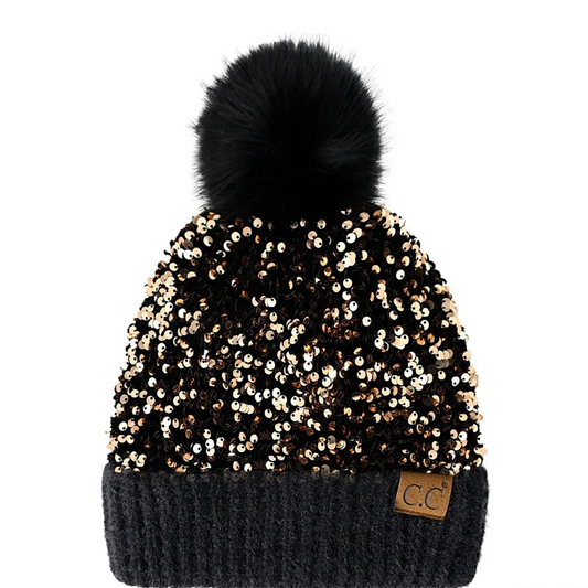 Sequin Gold Fur Pom Beanie- NEW